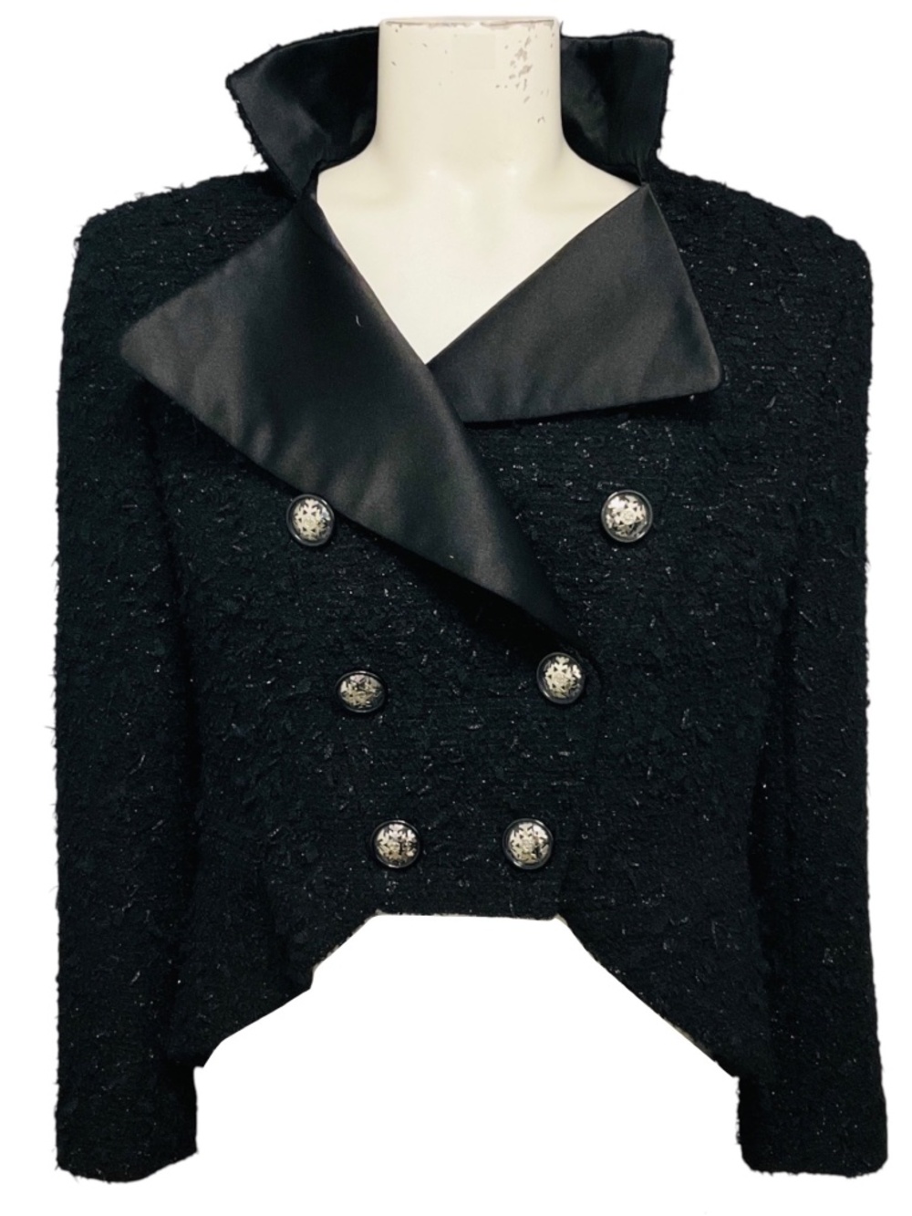 CHANEL BLACK WOOL AND ALPACA TWEED JACKET WITH CC LOGO SNOWFLAKE BUTTONS